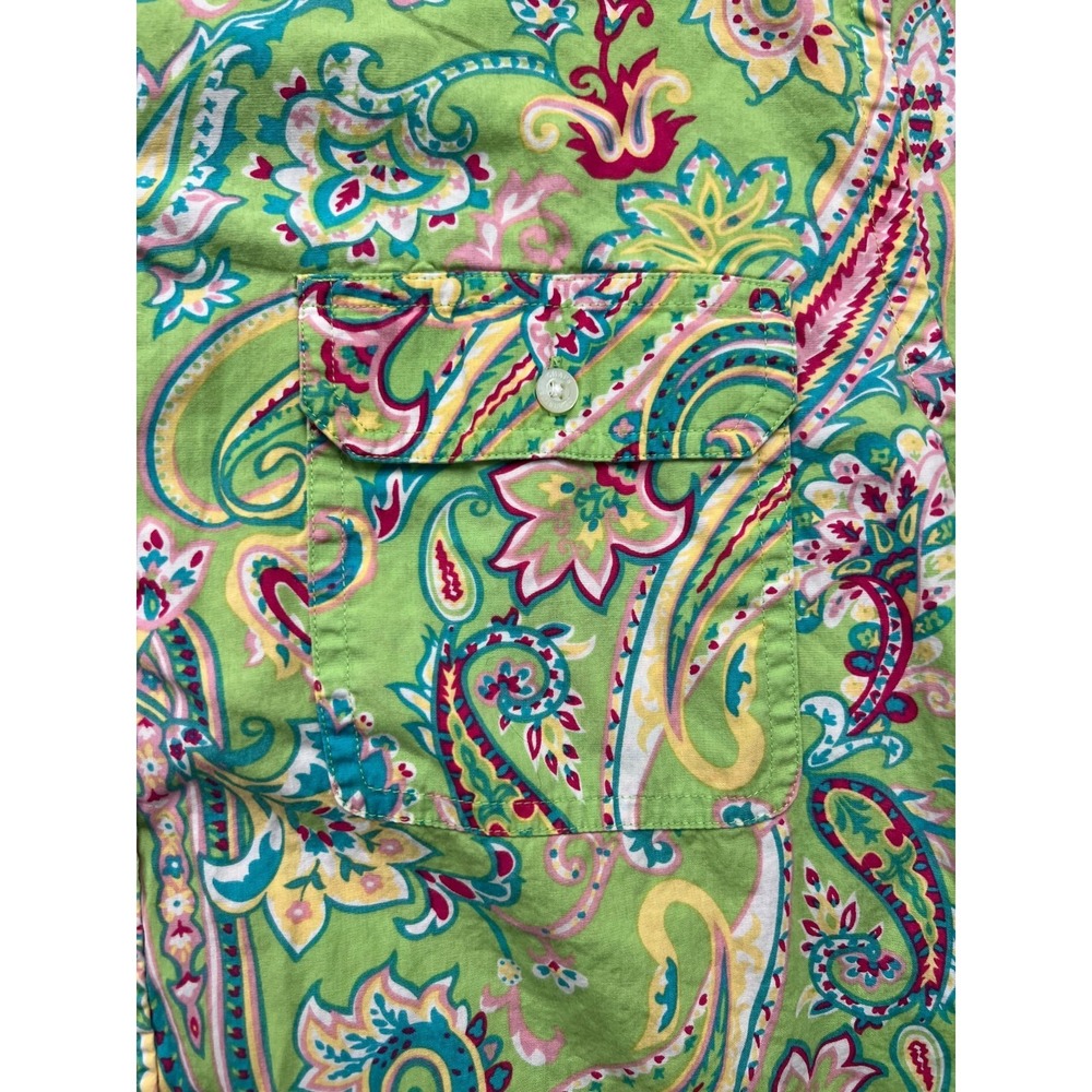 Chaps Classics Shirt Womens XL Green Pink Paisley Cotton 3/4 Sleeve Button Down - Picture 2 of 8